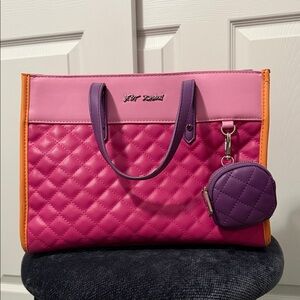Betsey Johnson Pink Purple Orange Quilted Tote with Coin Pouch